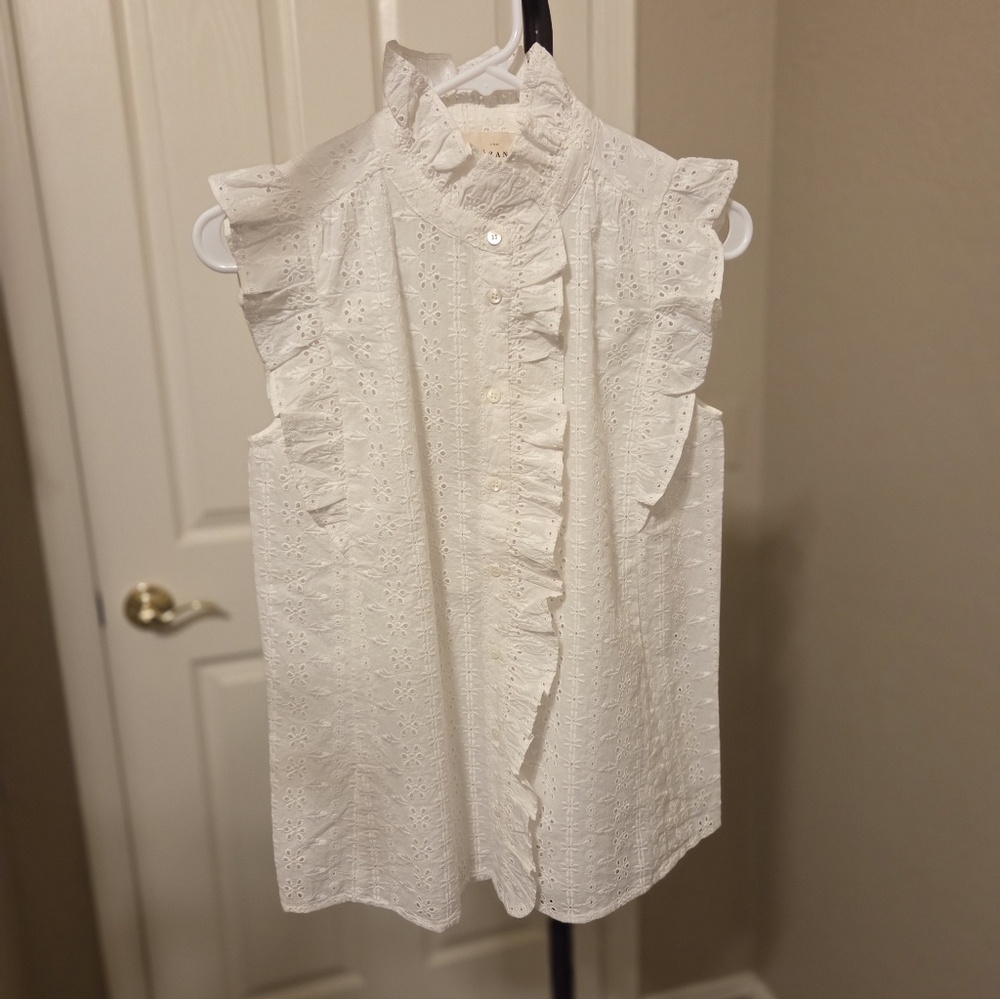 Sezane White Eyelet Ruffle Sleeveless Blouse — Chemise Caro